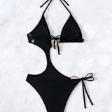 DEKA Women'S Solid Color Slim Fit Hollow Metal Swimsuit Sexy Backless Tank Bodysuit Bikini Set Hot Sexy Comfort Female Bandeau