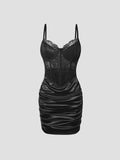Hot Girls Slim Spaghetti Strap Mini Dresses Women Sexy See Through Flower Lace Fold Package Hip Bodycon Short Dress Club Vestido