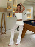Women's One Shoulder Top Long Pants Set White Strapless Ruched Crop Top And Mesh Flare Pants Two Piece Set Out Party Outfit LNBK