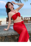 2025 Korean Swimsuit Women Sexy Bikini Red Split Long Skirt Swimsuit Women Halter 3D Flower Push Up Holiday 3 Piece Swimwear
