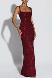 Women's Sequin Maxi Dress Burgundy Square Neck Sleeveless Bodycon Evening Gown Formal Party Prom Cocktail Mermaid Long Dresses