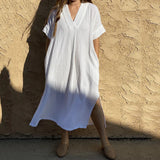Beach Cover-ups for Women 2026 Solid Color Sexy V-neck Short Sleeve Loose Long Robe Dress Sun Protection Beachwear PZMZ09