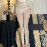 Hollow Lace Nine-point Milky White Sexy Stockings Spring Summer Thin Fishnet Ripped Leggings Pantyhose Mesh Socks Elegant HJ1H