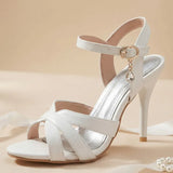 2026 Summer New Women's Metallic High Heel Sandals Ankle Strap Crystal Buckle Stiletto Heels Sexy Party Wedding Prom Dress Shoes