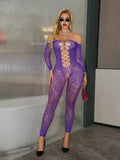 Long-sleeved Ripped Purple Charming Sexy Strapless Hollowed-out One-piece Mesh Outfit Transparent Off-the-shoulder Bodysuit 9UM7