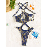 Sexy Tummy Cut Out Leopard Snakeskin Women Swimwear One Piece Swimsuit Female Halter High Cut Leg Bather Bathing Suit Swim V7972