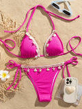 Shell Decoration Ribbed Bikini Women Swimwear Female Swimsuit Two-pieces Bikini Set Halter Strappy Bather Bathing Suit Swim Lady