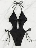 S - XXL Halter V Neck Wrinkled Female Swimwear One Piece Swimsuit Women Backless Monokini High Cut Bathing Suit Swim Beach Wear