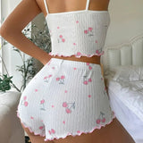 Women's Heart Print Sexy Ribbed Bow Decor Pajama Set, Round Neck Backless Comfortable Crop Cami Top & Shorts, Summer Nightwear