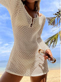V Neck Long Sleeve Hollow Out Crochet Knitted Tunic Beach Cover Up Cover-ups Beach Dress Beach Wear Beachwear Female Women V7643