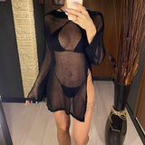 Sexy Long Sleeve See Through Top  Mesh Sheer Tunic Beach Cover Up Cover-ups Beach Dress Beach Wear Beachwear Female Women V3557