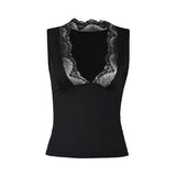 2026 Spring Summer New Arrival Elegant Sleeveless Women's Short Top Chic Fitted Lace-Panel Deep V-Neck Crop Tank Top Commute