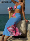 10 Color Flowers Halter Bikini Female Swimsuit Women Swimwear Three-pieces Bikini set With Skirt Bather Bathing Suit Swim V6637C