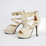 Women's Sexy Peep Toe Platform 12cm High Heel Sandals with Gold Metal Classic Ankle Strap Crisscross Stiletto Heel Party Shoes