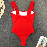 Ribbed Ruffled Frilled Trim Female Swimwear One Piece Swimsuit Women Monokini High Leg Cut Bathing Suit Swim Bodysuit Beach Wear