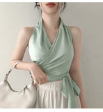 Women Blouses Slim Fit V-neck Lace Up Open Stitch Versatile Sleeveless Top For Female Chiffon Tops Summer Fashion PPAY