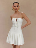 Bowknot Off Shoulder Strapless Party Short Dress for Women 2025 Elegent Lady White Pleated Mini Vestidos Female Backless Dress
