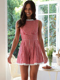 Foridol Plaid Red Lace Summer Romper Women Wide Leg High Waist Sleveless Playsuit Casual Beach Back Zip Blue Short Jumpsuit