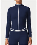 Women's Yoga Top Color-Block Zipper Stand Collar Bare Jacket Autumn Winter Outerwear Running Fitness Long Sleeve Coat