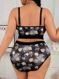 Plus Size Seamless Lingerie Set, Sexy Lace Print Open Back Cami Bra with Built-in Pads for Full Bust Support