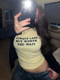 Woman Clothing Letter Print Short T-shirts Y2K Streetwear 2026 Summer O-neck Slim Fit Crop Tops Vacation Beach Tees Light Yellow