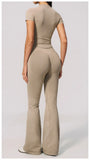 Seamless High Elasticity Yoga Sets Women Short Sleeve O Neck Sports T Shirts Workout Outfits Running Wide Leg Pants Fitness Suit