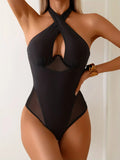 Sexy Mesh Black Swimwear Women 2026 Cross Push Up Underwire Slim Tummy Control One Piece Swimsuit Beach Transparent Bathing Suit