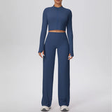 2 Pcs Women's Seamless Yoga Set Long-sleeved Wide-leg Pants Tracksuit Fitness Sports Set High-waisted Hip-lifting Slim-fit Suit