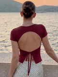 FDYOUI Fashion Casual Backless Lace-up T-shirts Women's Summer O-neck Short Sleeve Cropped Tops Streetwear Y2K Solid Tee Shirt