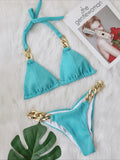 Halter Chains Rhinestone Diamond Bikini Women Swimsuit Female Ribbed Swimwear Two Pieces Bikini set Brazilian Bathing Suit Swim