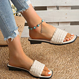 Classic Plus Size Woven Slippers for Women Summer Square Toe Low Heel Slides Sandals Woman Outdoor Pu Leather Beach Flip Flops
