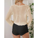 V Neck Long Sleeve Hollow Out Crochet Knitted Tunic Beach Dress Beach Wear Beachwear Beach Cover Up Cover-upsFemale Women V7192