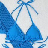 Women micro mini halter bikinis sets 3pcs with knitted long sleeve hollow out mini dress swimsuit bathing suit beach outfits