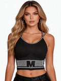 Black Rhinestone Camisole for Women Going Out Sequin Sparkly Top Double Adjustable Straps Clubbing Y2K Cute Tee