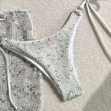 With Fishnet Sarong Skirt Halter Micro Bikini Women Swimwear Female Swimsuit Three-pieces Bikini Set Bathing Suit Swim Beachwear