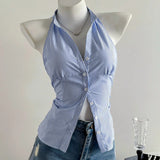 Summer Casual Shirt Women's Blue Striped Halter Top V Neck Button Down Sleeveless Slim Fit Blouse 2026 Y2K Style Streetwear
