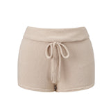 Women Fashion Lounge Shorts Spring Summer Knit Shorts Solid Color Drawstring Foldable Waist Comfy Casual Shorts
