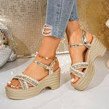 Luxury Golden Chunky High Heel Sandals Women Rivets Cross Strap Platform Wedges Sandles Woman Plus Size Summer Rome Sandalias 43