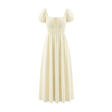 French Country-style Square-neck Dress With Puffed Sleeves Elasticated Waist And A Stylish Tie Design Perfect For Seaside TEW7