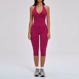 2PCS Workout Set Women Yoga Sets V Neck Cross Slim Sports Tank Top Athletic Wear Outdoor Tight High Waist Leggings Fitness Suits