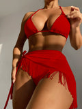 3 Pieces Triangle String Bikini 2026 Women & Tassel Beach Skirt Swimwear Female Sexy Swimsuit Beachwear Bathing Swimming Suit