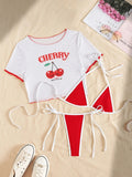Cherry Print Mesh Short Sleeve Mini Bikini Female Swimsuit Women Swimwear Three-pieces Bikini Set Bathing Suit Swim Beachwear