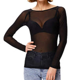 Women Mesh Bottoming Shirt See through O Neck Long Sleeve Lady Blouse Slim Fit Sexy Clear Sun Gauze Tops