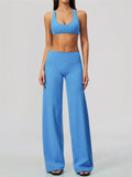 Summer 2 Piece Yoga Sets Women Tight Back Cross Sports Bra High Waist Peach Hip Wide Leg Pants Gym Running Fitness Workout Suits