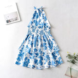 Sexy Red Floral Print Backless Summer Women Boho Mini Dress Bodycon Sleeveless Beach Lace Up Bowknot Dropshipping Dress Sundress