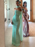 FDYOUI Luxury Bandage Sequins Evening Party Dresses for Women Sexy Strapless Off Shoulder Backless Split Slim Long Wedding Dress