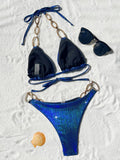 New Sexy Leopard Print Backless Swimsuit Halter Lace-up Swimwear Micro Bikini Set Chain Linked Beachwear Female Bathing Suits