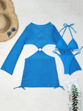 Mesh Sheer Long Sleeve Cover-Up Micro Bikini Female Swimsuit Women Swimwear Three-pieces Bikini Set Bathing Suit Swim Beach Wear