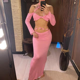 Sexy Knitted Sling Long Skirts Woman's Set Casual Slim Solid Lace Up Tube Tops Slit Skirt Sets Female Summer Beach Dress V6187