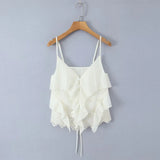 Women's Ruffled Lace Trim Loose Pants For Woman White Ruffled Embroidery Camisole Straps Button Front For Sweet Summer Look WM6E